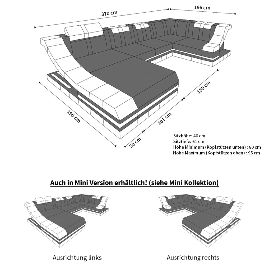Wohnlandschaft Turino U-Form aus Stoff Dunkelgrau-Schwarz