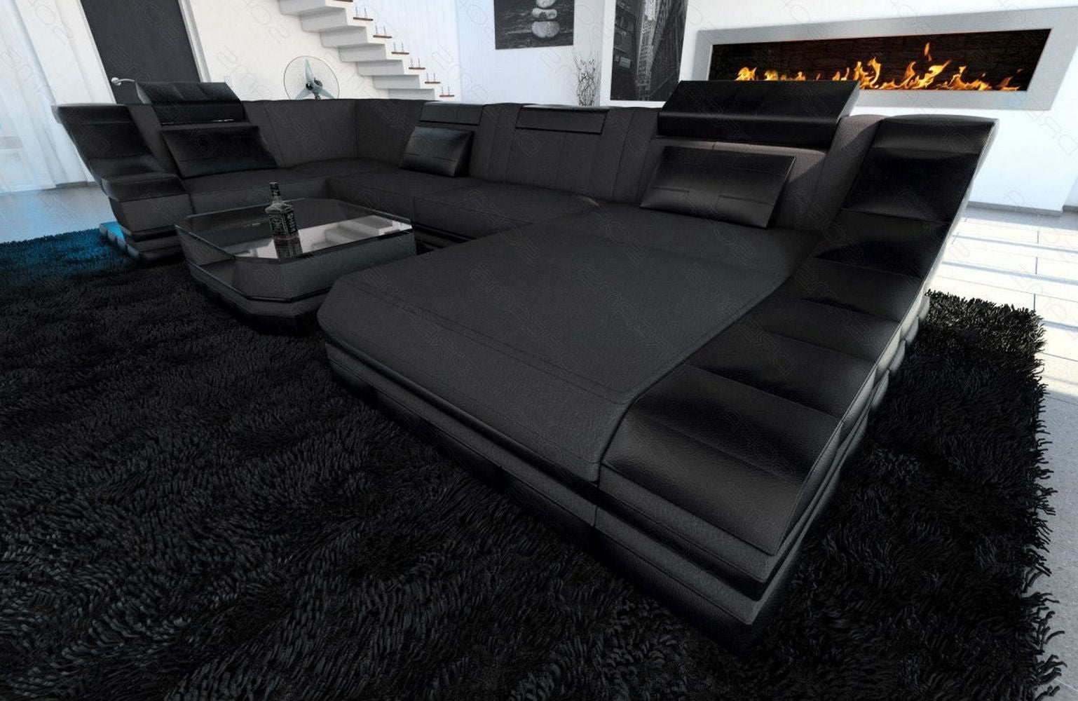 Design Stoff-Wohnlandschaft Turino U-Form Dunkelgrau-Schwarz