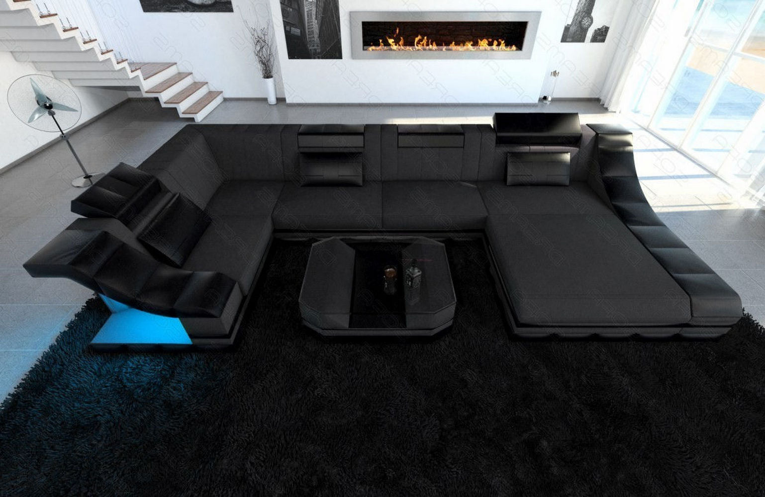Design Stoff-Wohnlandschaft Turino U-Form Dunkelgrau-Schwarz