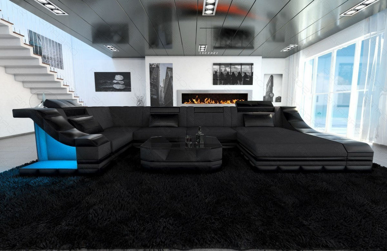 Design Stoff-Wohnlandschaft Turino U-Form Dunkelgrau-Schwarz