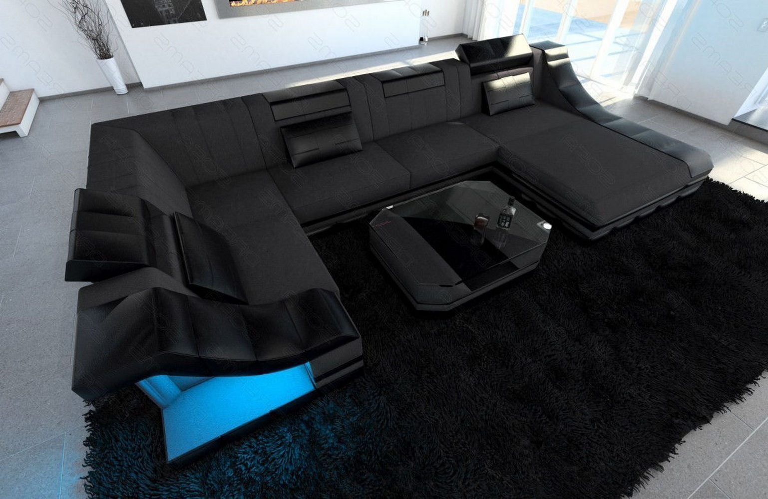 Design Stoff-Wohnlandschaft Turino U-Form Dunkelgrau-Schwarz