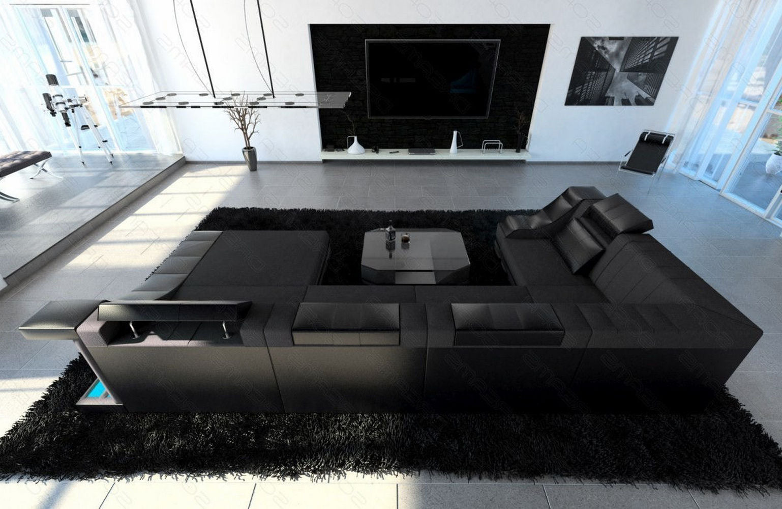 Design Stoff-Wohnlandschaft Turino U-Form Dunkelgrau-Schwarz
