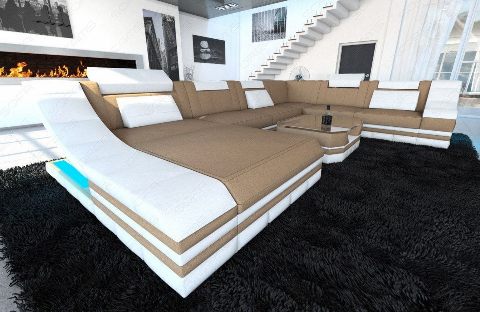 Design Stoff-Wohnlandschaft Turino XL – Komfort Cappuccino-Weiß
