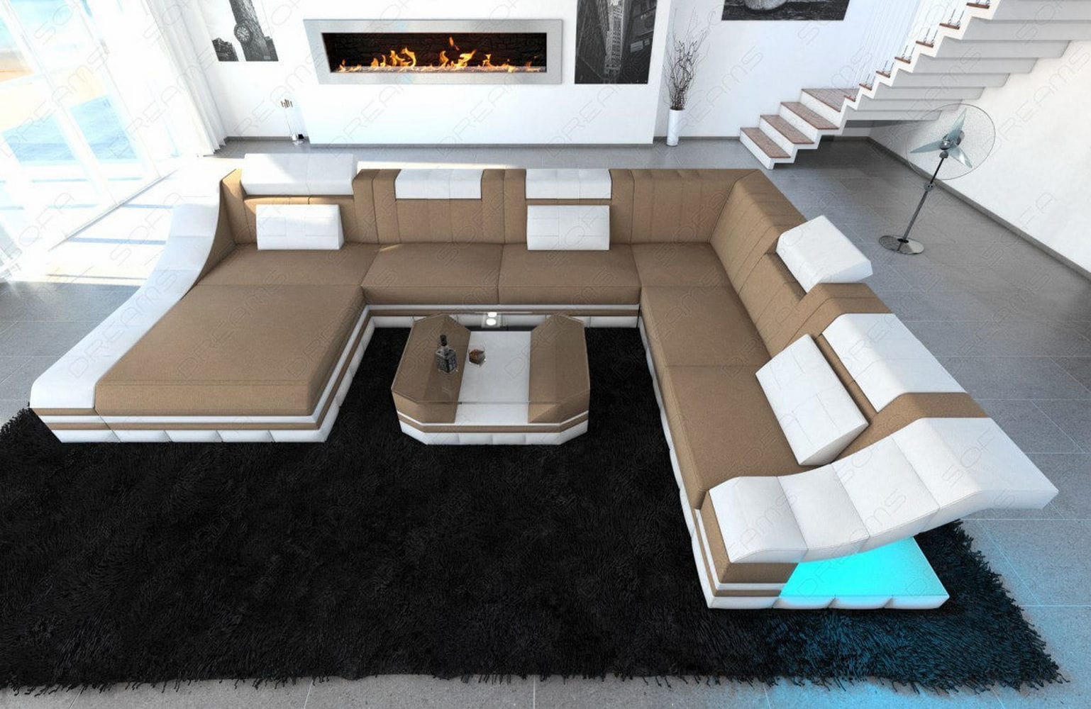 Design Stoff-Wohnlandschaft Turino XL – Komfort Cappuccino-Weiß