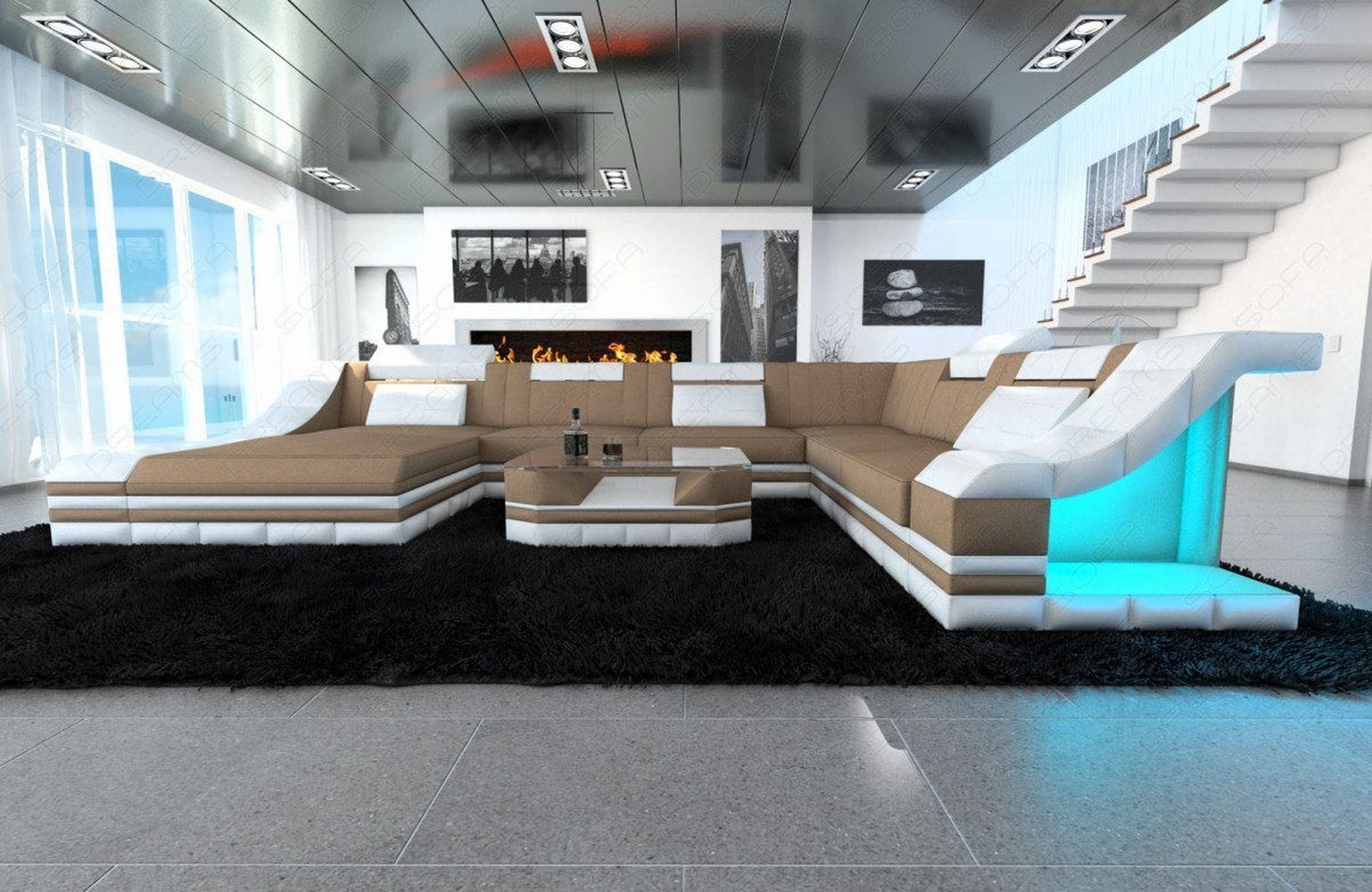 Design Stoff-Wohnlandschaft Turino XL – Komfort Cappuccino-Weiß