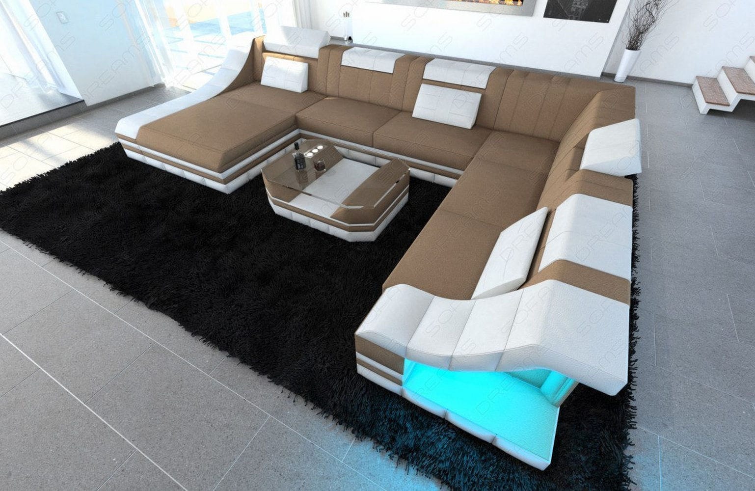 Design Stoff-Wohnlandschaft Turino XL – Komfort Cappuccino-Weiß
