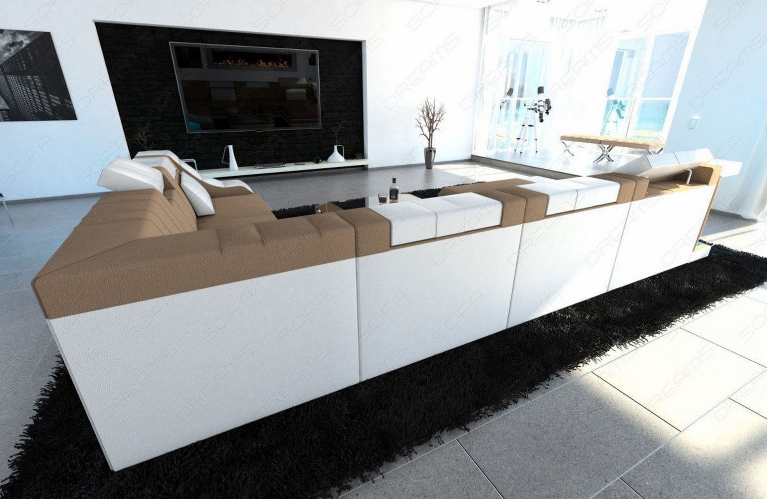 Design Stoff-Wohnlandschaft Turino XL – Komfort Cappuccino-Weiß