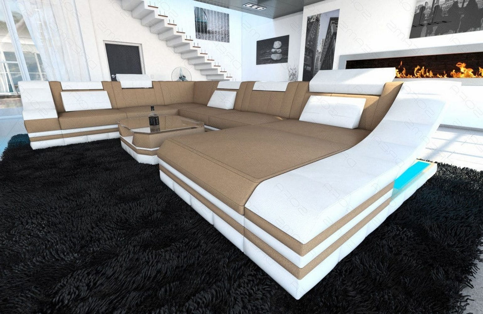 Design Stoff-Wohnlandschaft Turino XL – Komfort Cappuccino-Weiß