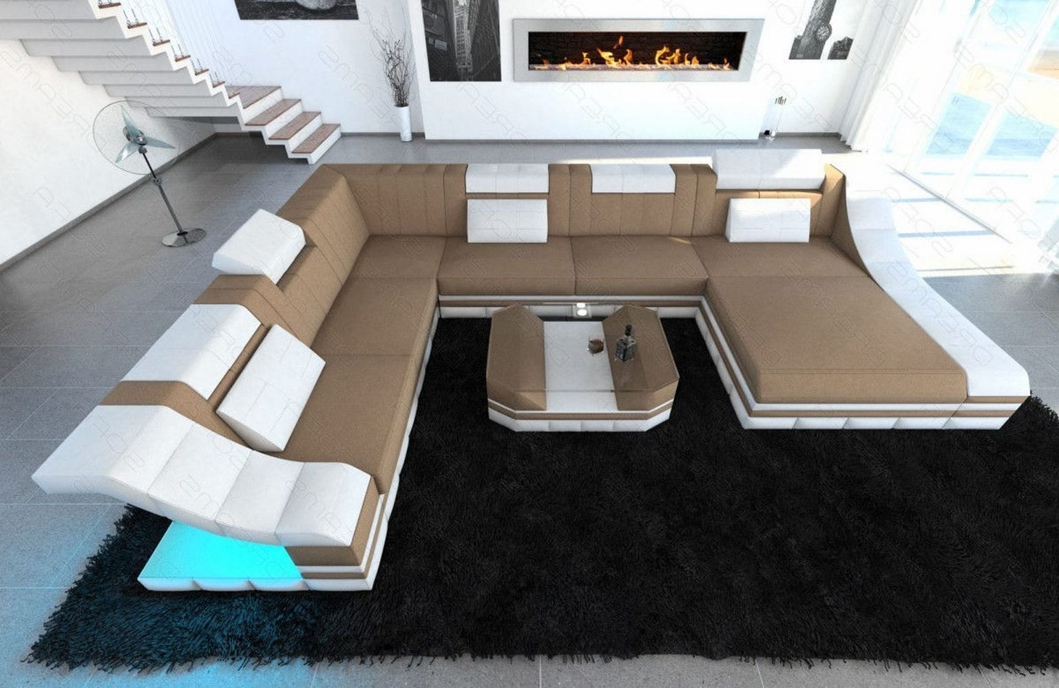 Design Stoff-Wohnlandschaft Turino XL – Komfort Cappuccino-Weiß