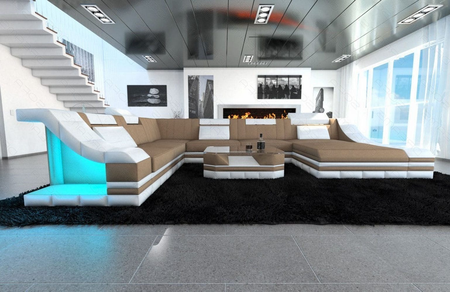 Design Stoff-Wohnlandschaft Turino XL – Komfort Cappuccino-Weiß