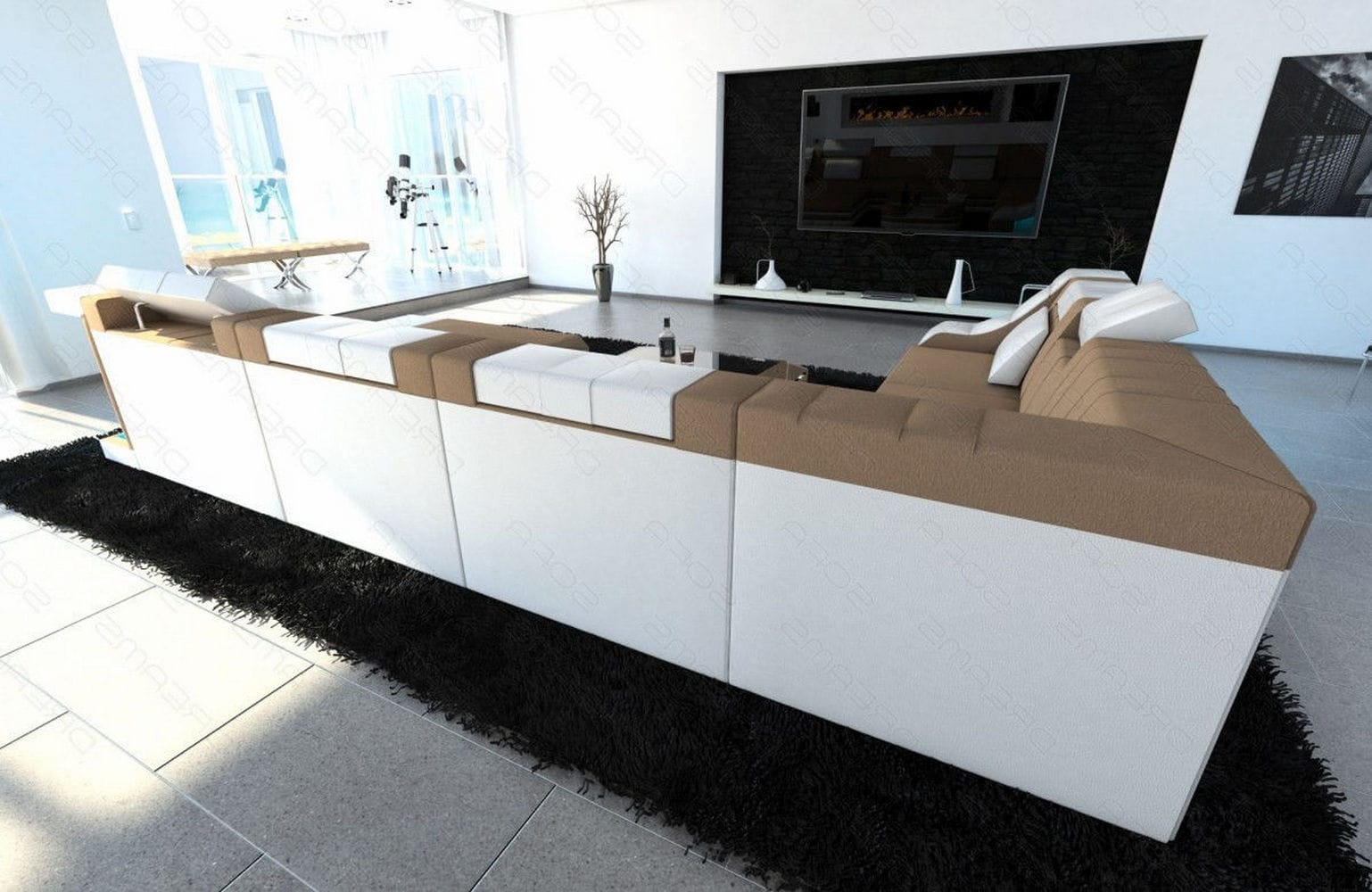 Design Stoff-Wohnlandschaft Turino XL – Komfort Cappuccino-Weiß