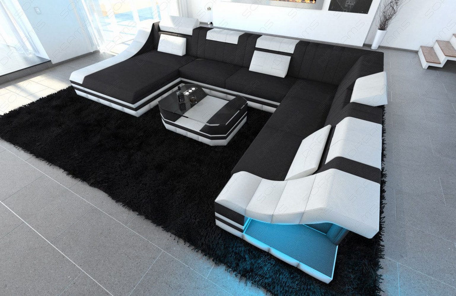 Design Stoff-Wohnlandschaft Turino XL – Komfort Dunkelgrau-Weiß