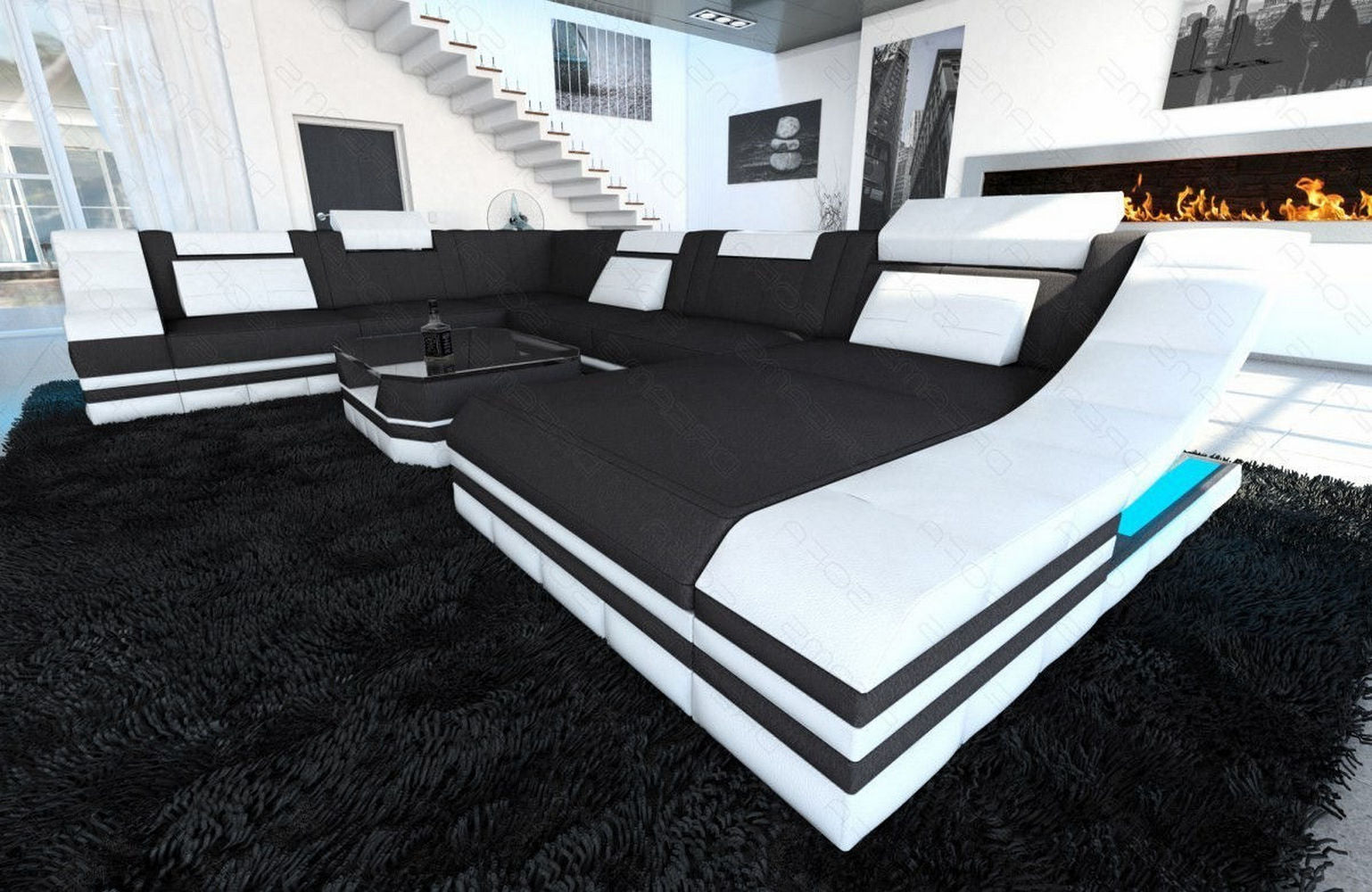 Design Stoff-Wohnlandschaft Turino XL – Komfort Dunkelgrau-Weiß