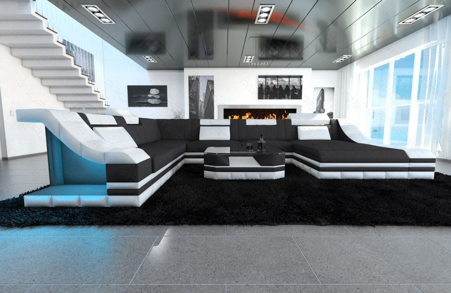 Design Stoff-Wohnlandschaft Turino XL – Komfort Dunkelgrau-Weiß