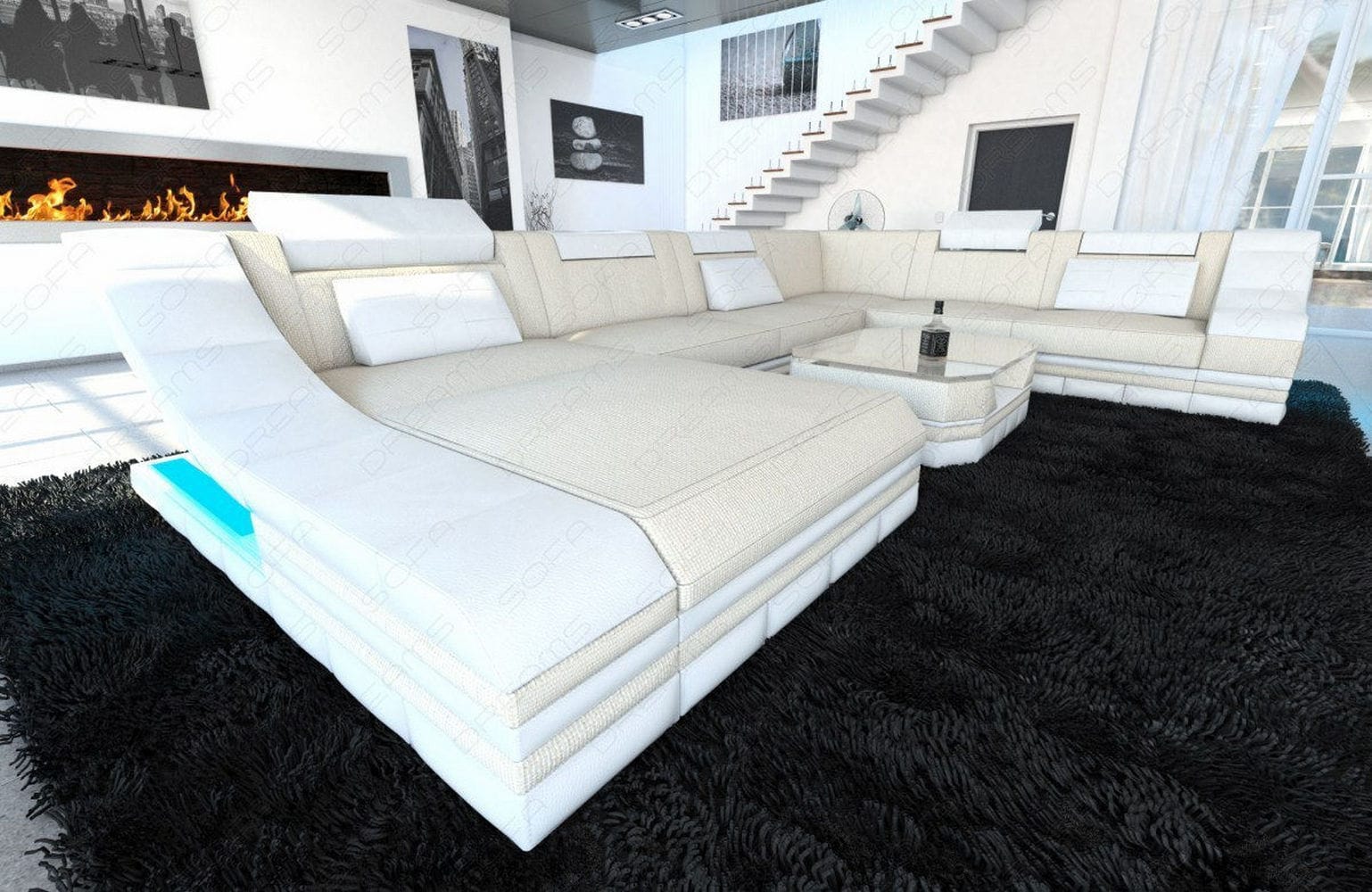 Design Stoff-Wohnlandschaft Turino XL – Komfort Elfenbein-Weiß