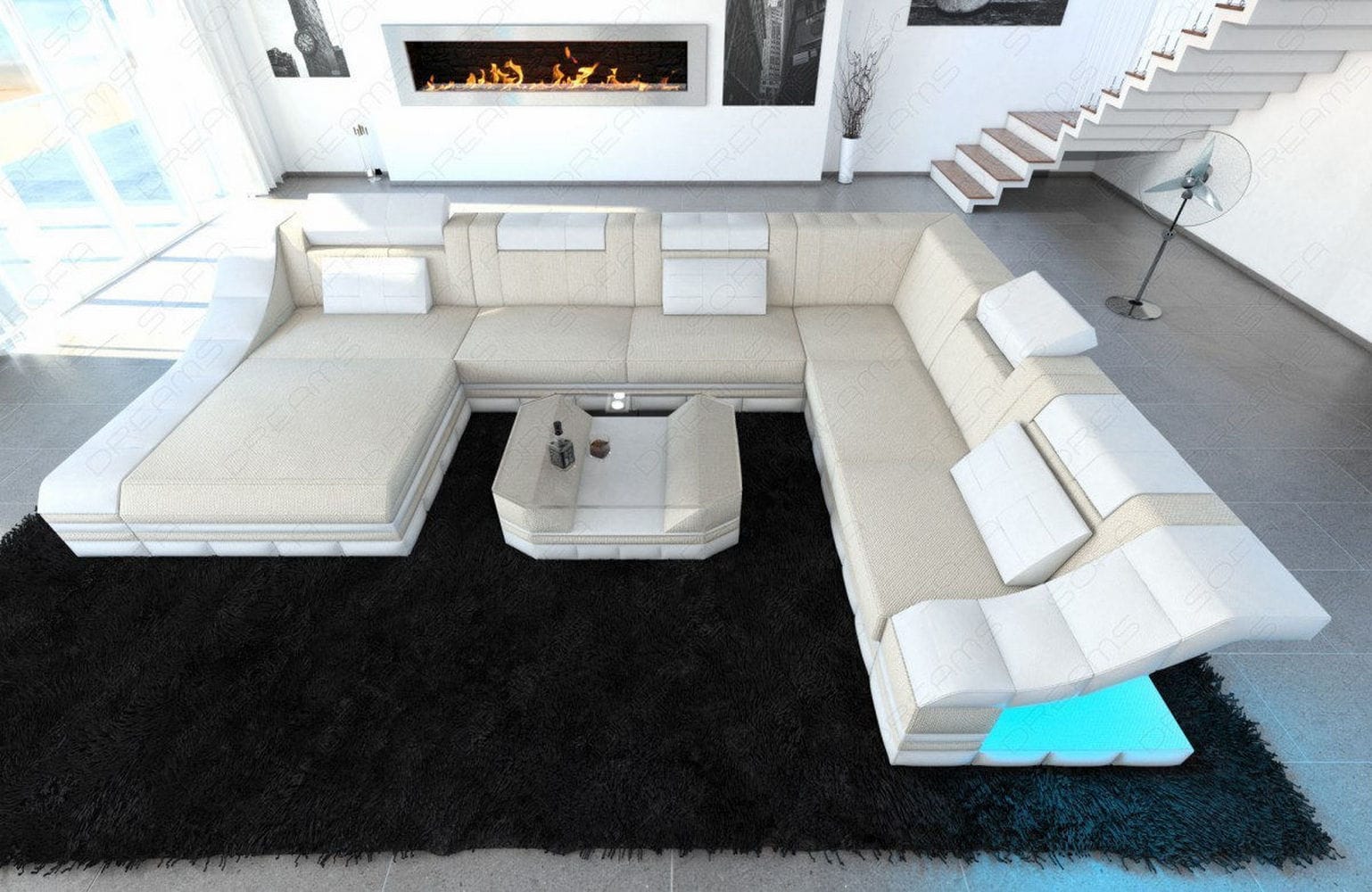 Design Stoff-Wohnlandschaft Turino XL – Komfort Elfenbein-Weiß