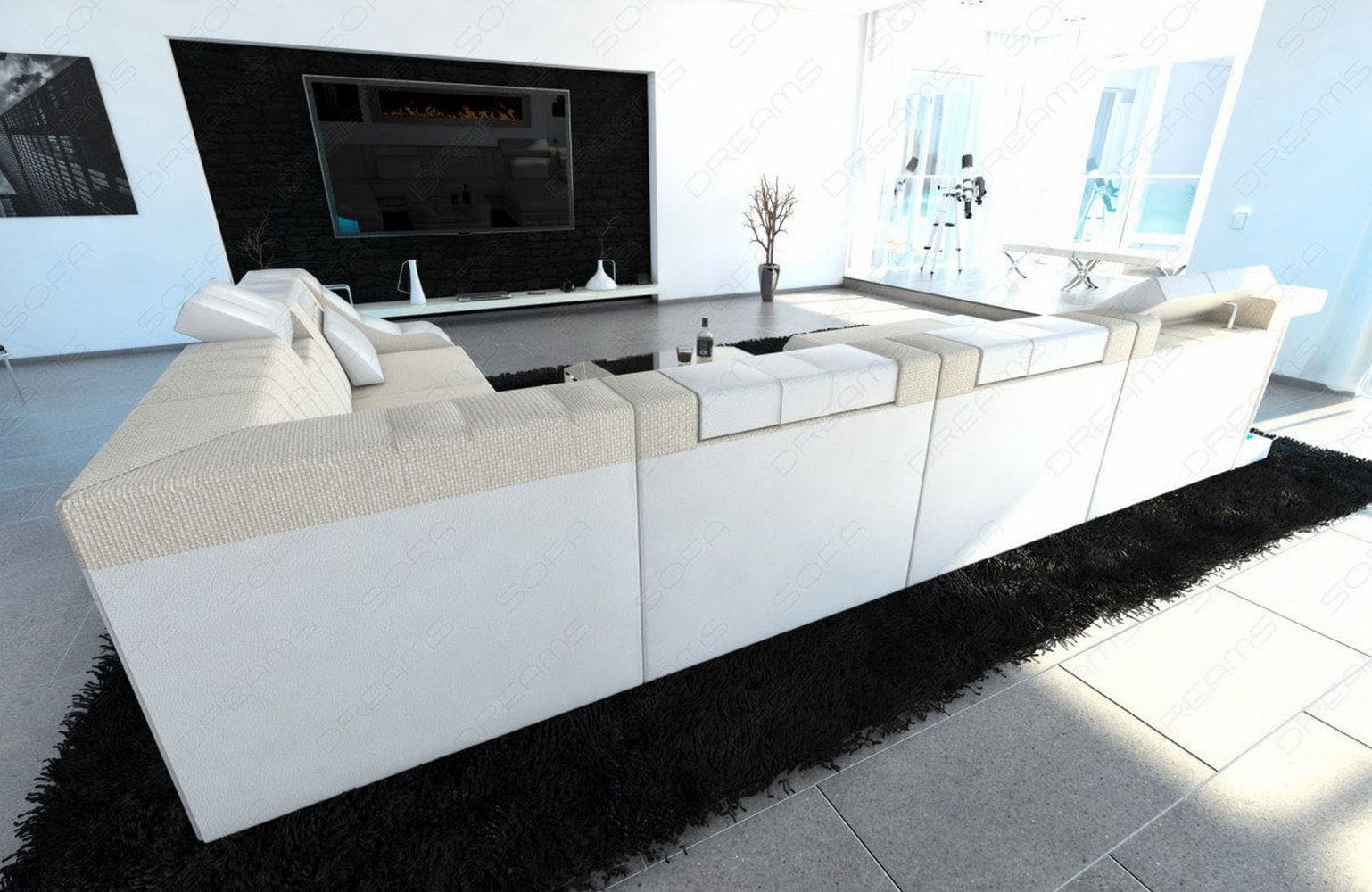 Design Stoff-Wohnlandschaft Turino XL – Komfort Elfenbein-Weiß