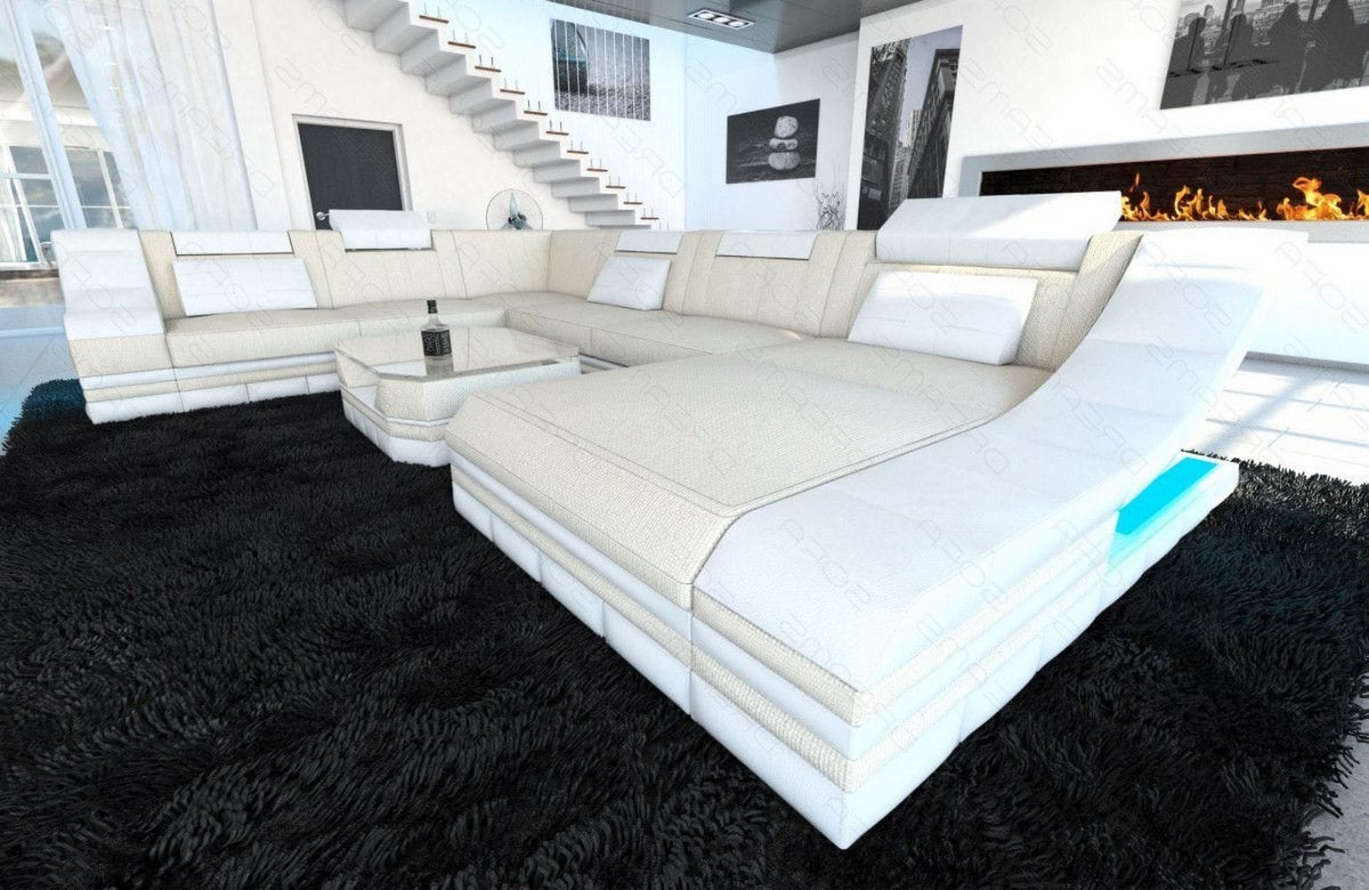 Design Stoff-Wohnlandschaft Turino XL – Komfort Elfenbein-Weiß