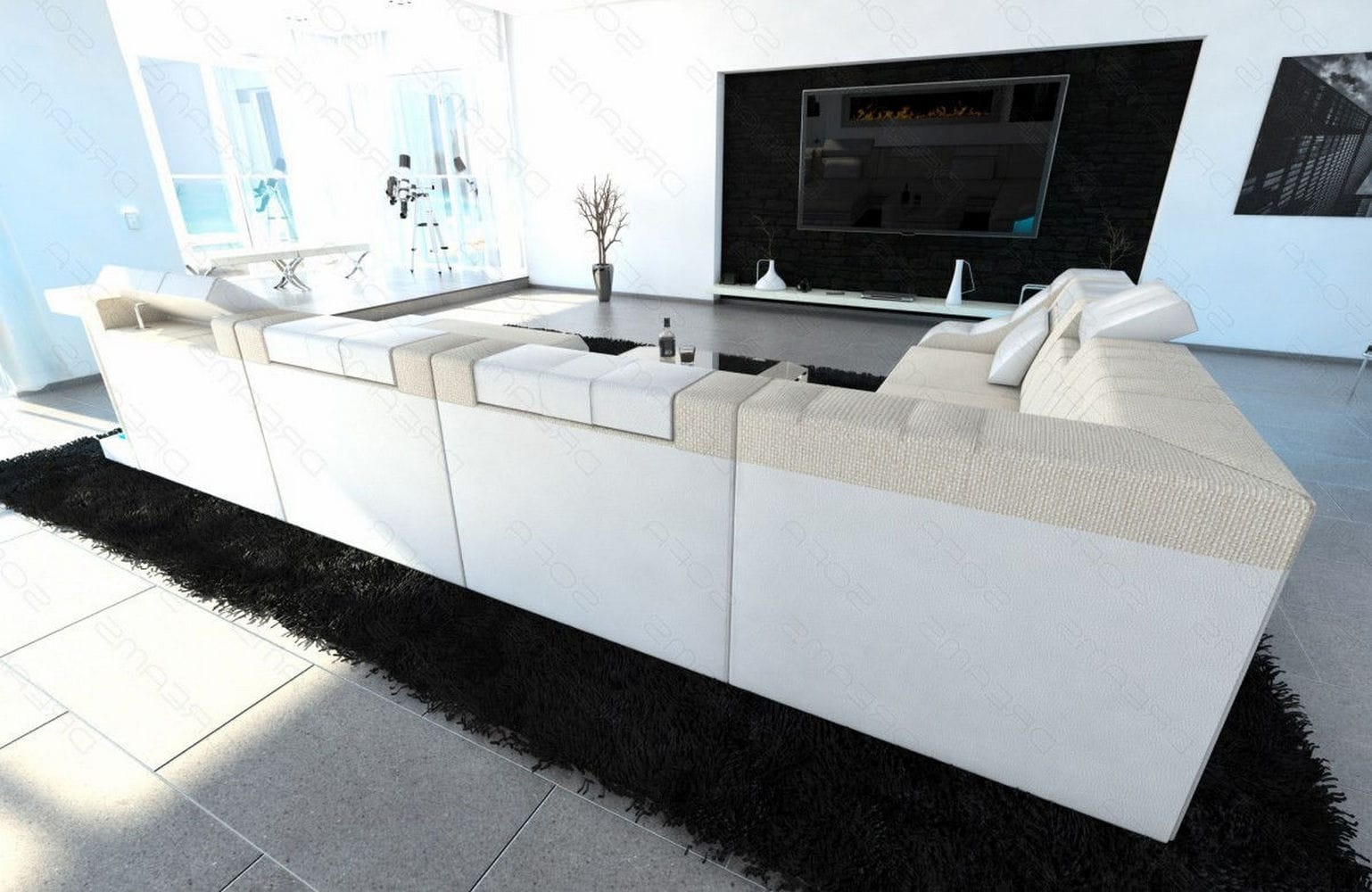 Design Stoff-Wohnlandschaft Turino XL – Komfort Elfenbein-Weiß