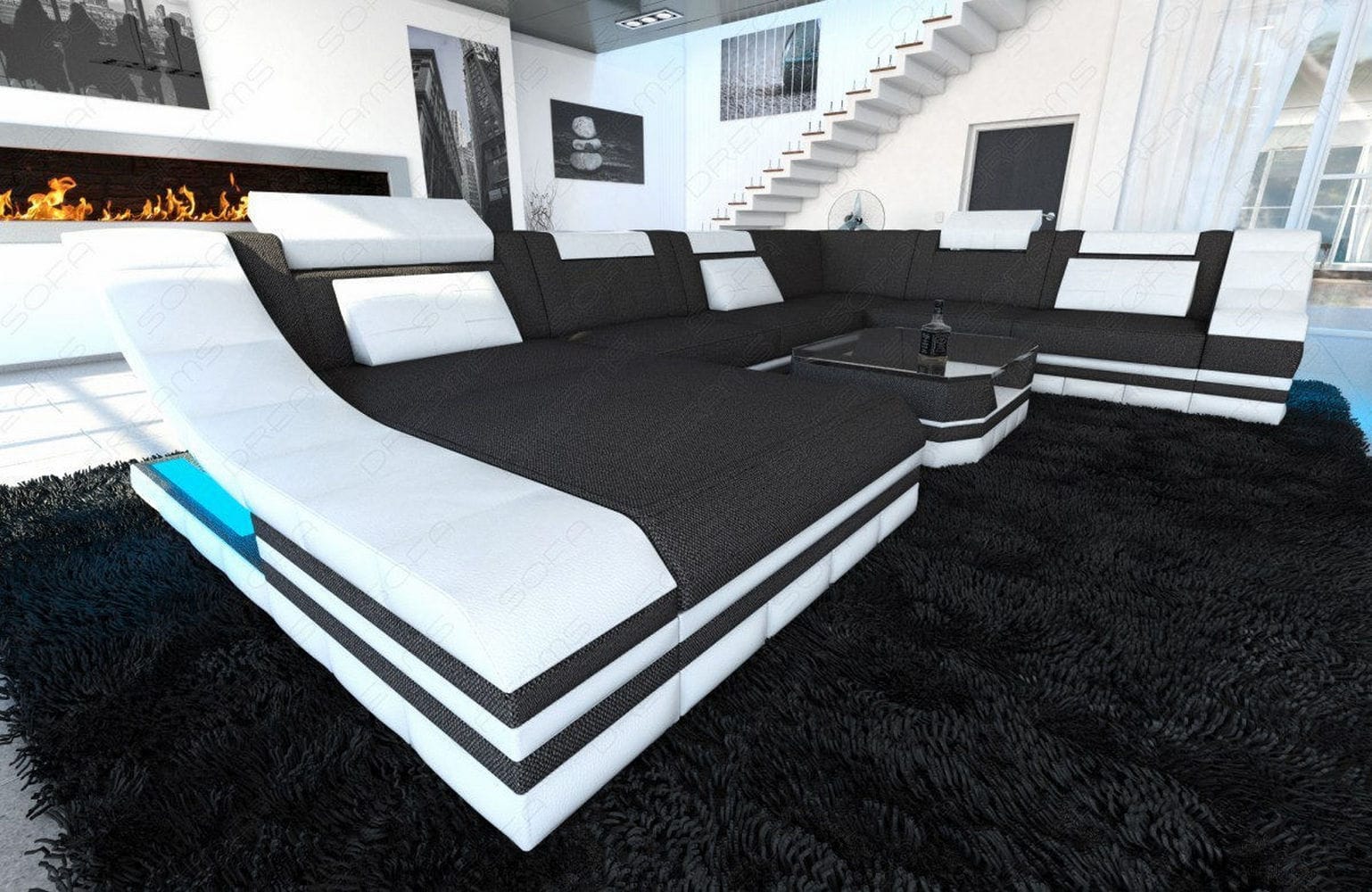 Design Stoff-Wohnlandschaft Turino XL – Komfort Schwarzgrau-Weiß