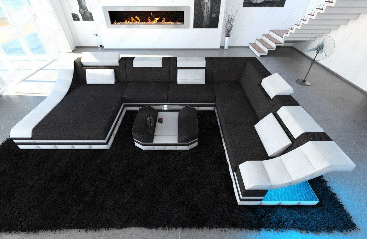 Design Stoff-Wohnlandschaft Turino XL – Komfort Schwarzgrau-Weiß
