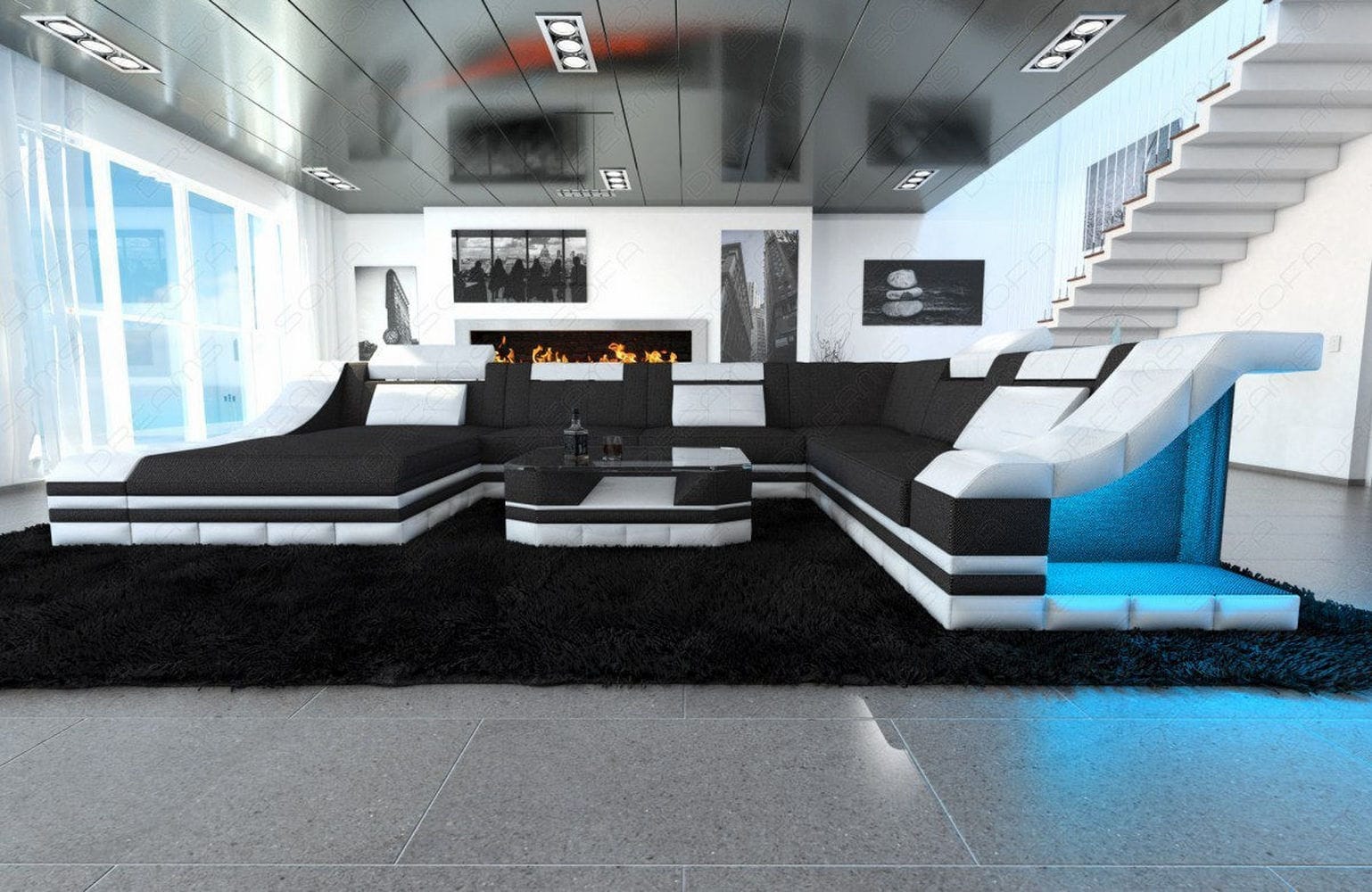 Design Stoff-Wohnlandschaft Turino XL – Komfort Schwarzgrau-Weiß