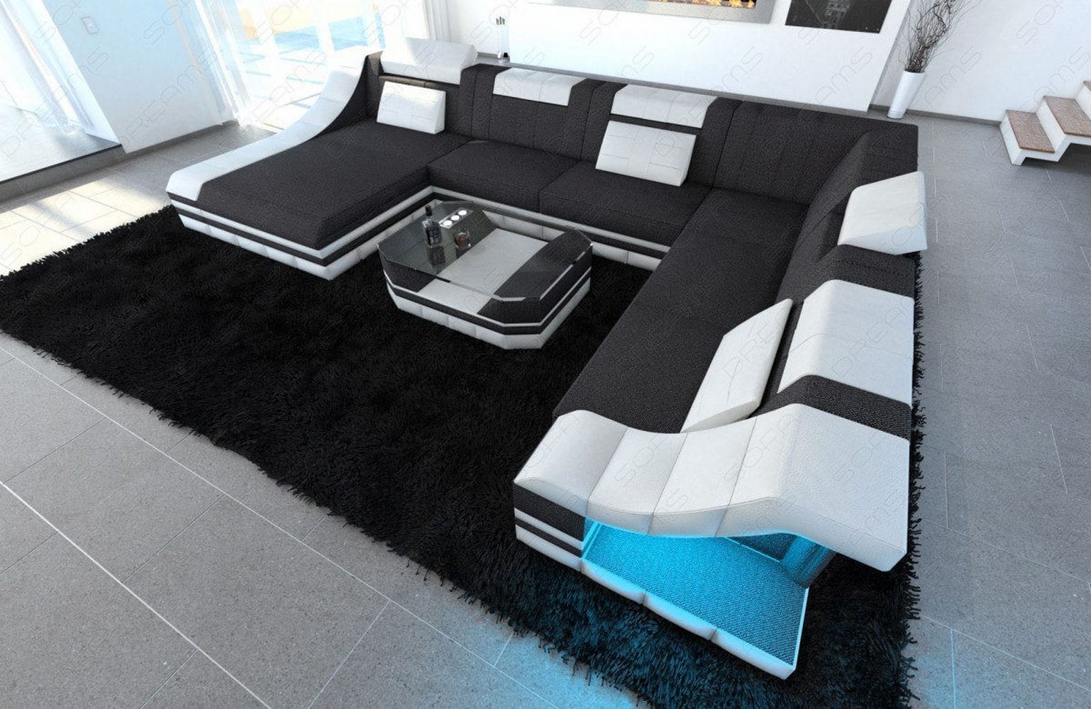 Design Stoff-Wohnlandschaft Turino XL – Komfort Schwarzgrau-Weiß