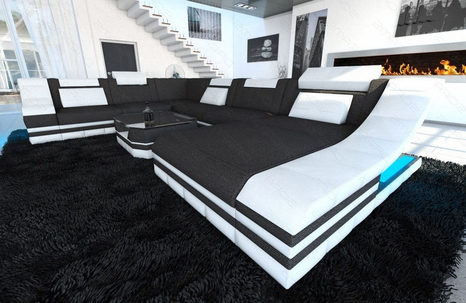 Design Stoff-Wohnlandschaft Turino XL – Komfort Schwarzgrau-Weiß