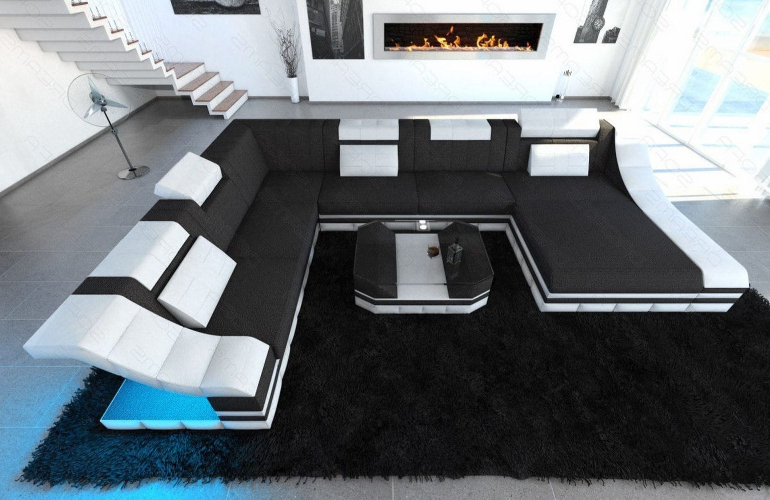 Design Stoff-Wohnlandschaft Turino XL – Komfort Schwarzgrau-Weiß