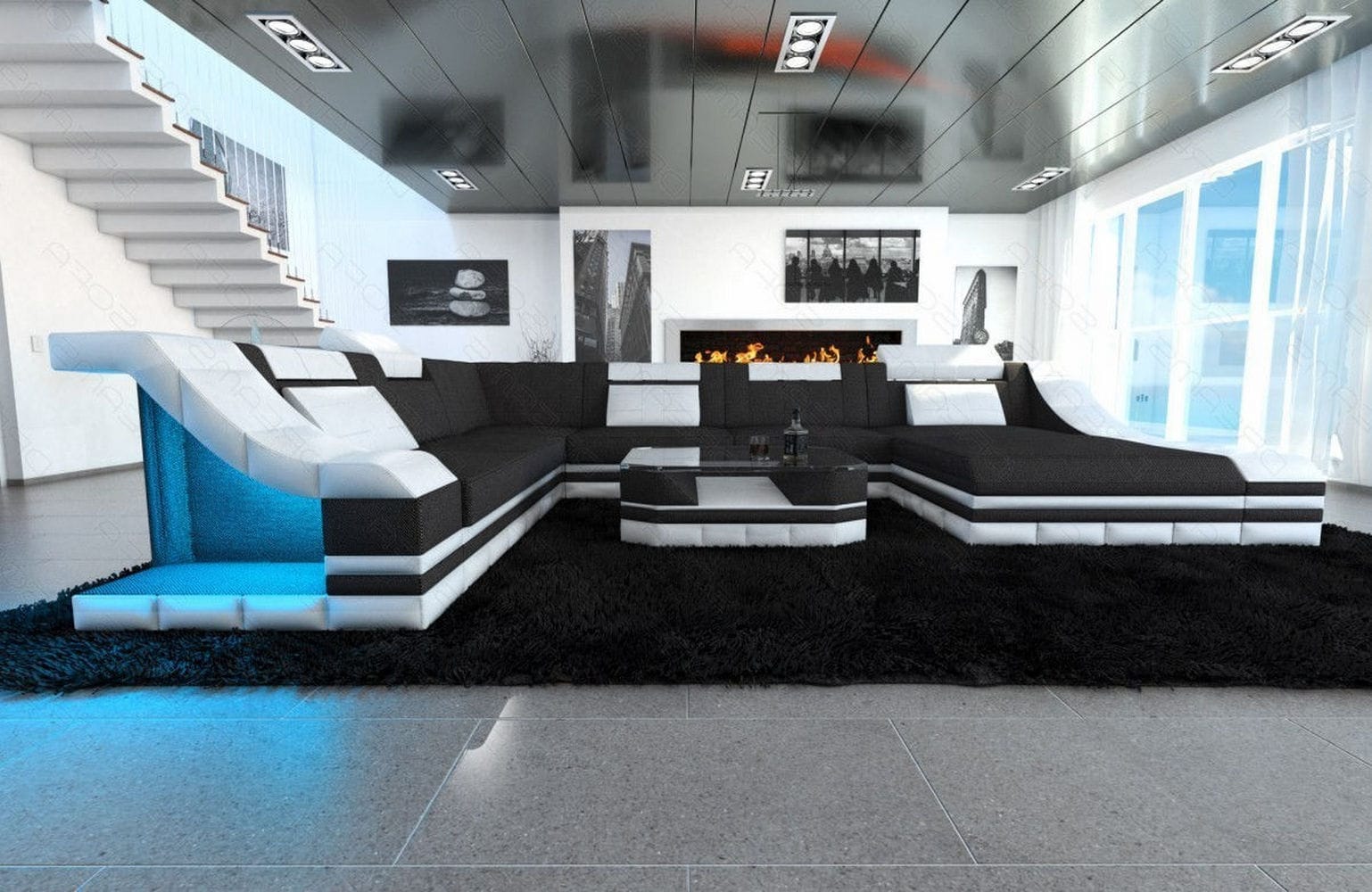 Design Stoff-Wohnlandschaft Turino XL – Komfort Schwarzgrau-Weiß