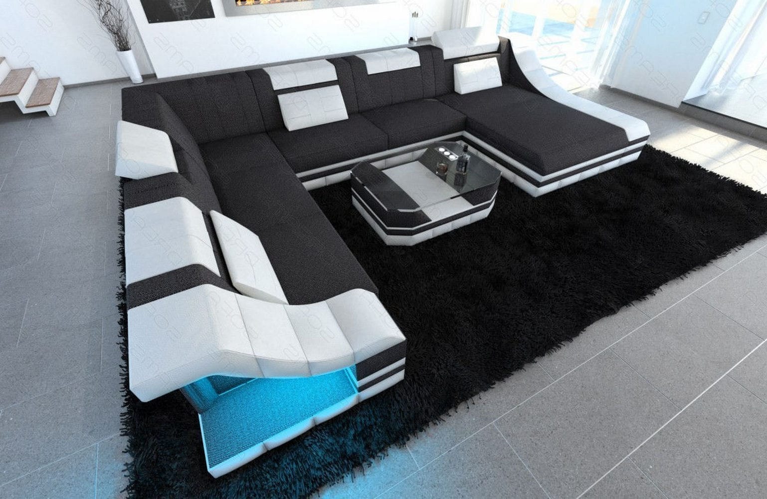 Design Stoff-Wohnlandschaft Turino XL – Komfort Schwarzgrau-Weiß