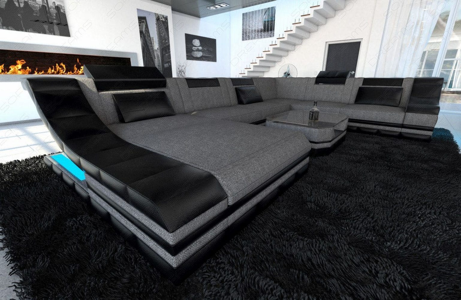 Design Stoff-Wohnlandschaft Turino XL – Komfort Grau-Schwarz