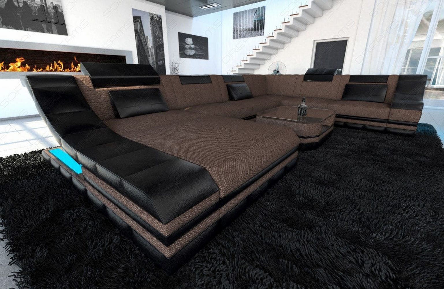 Design Stoff-Wohnlandschaft Turino XL – Komfort Braun-Schwarz