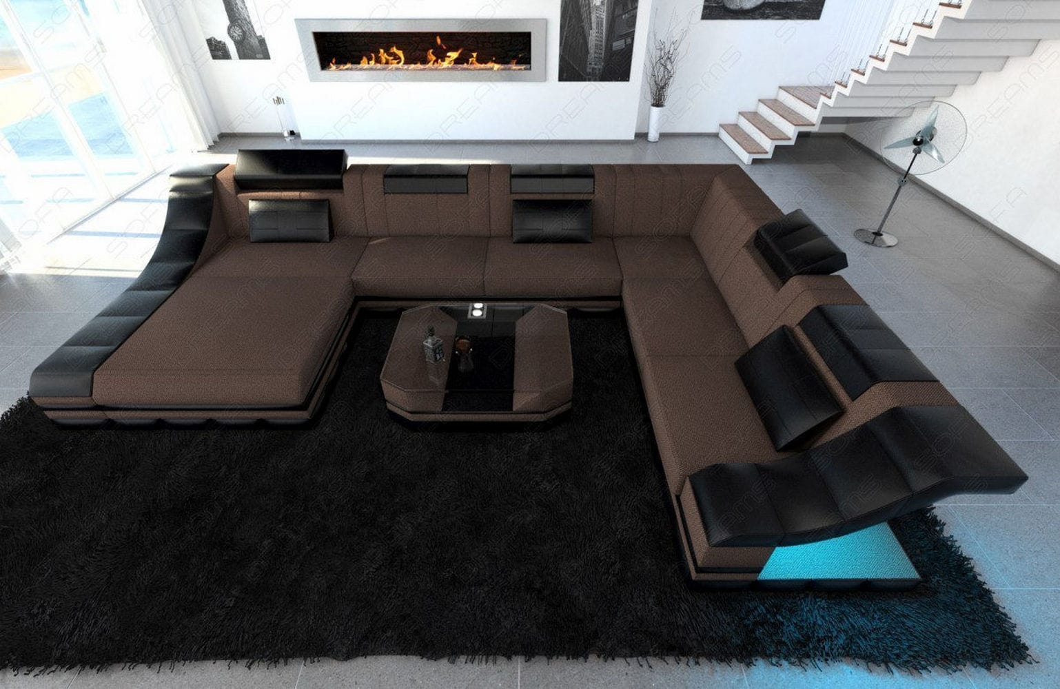 Design Stoff-Wohnlandschaft Turino XL – Komfort Braun-Schwarz