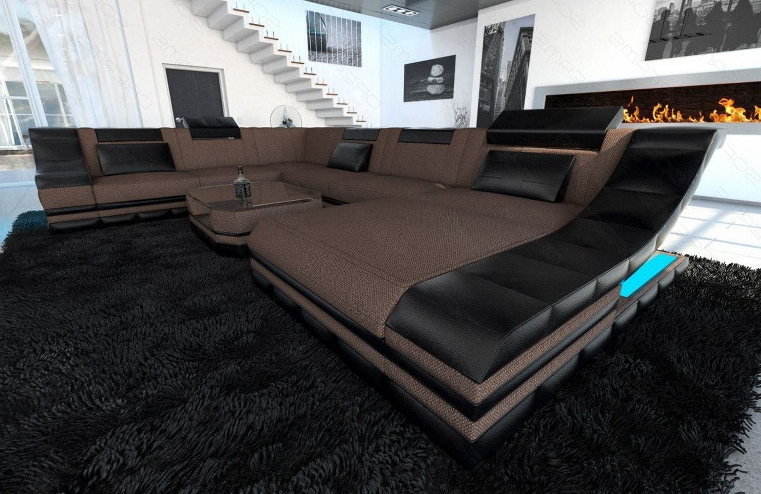 Design Stoff-Wohnlandschaft Turino XL – Komfort Braun-Schwarz