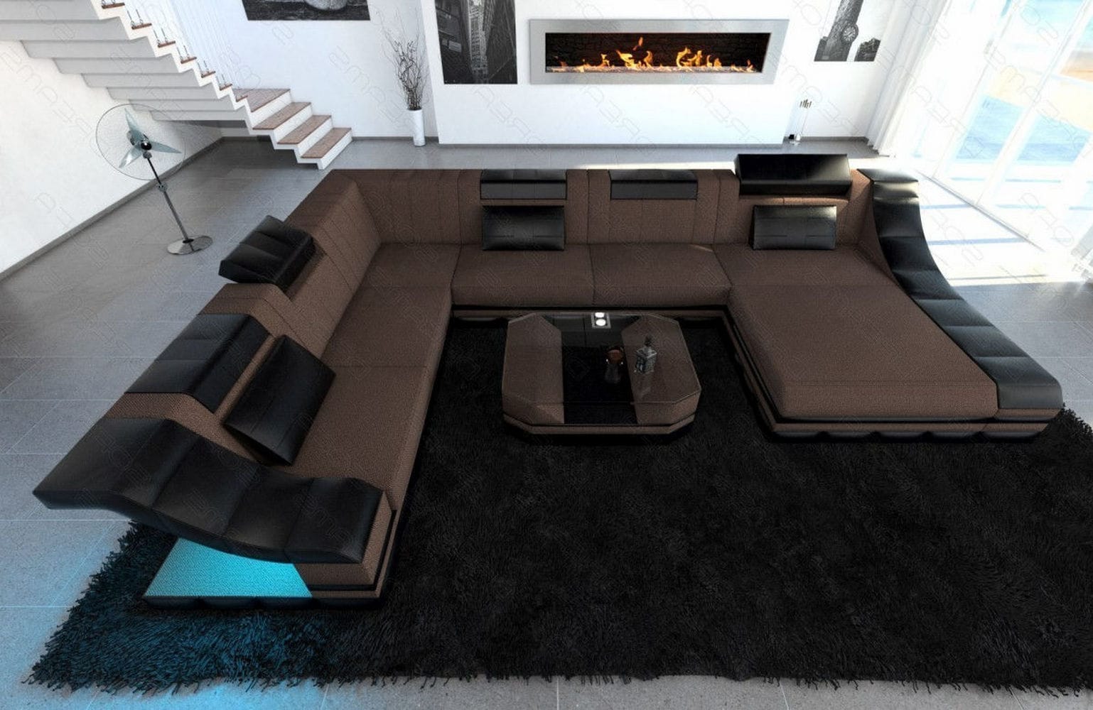 Design Stoff-Wohnlandschaft Turino XL – Komfort Braun-Schwarz