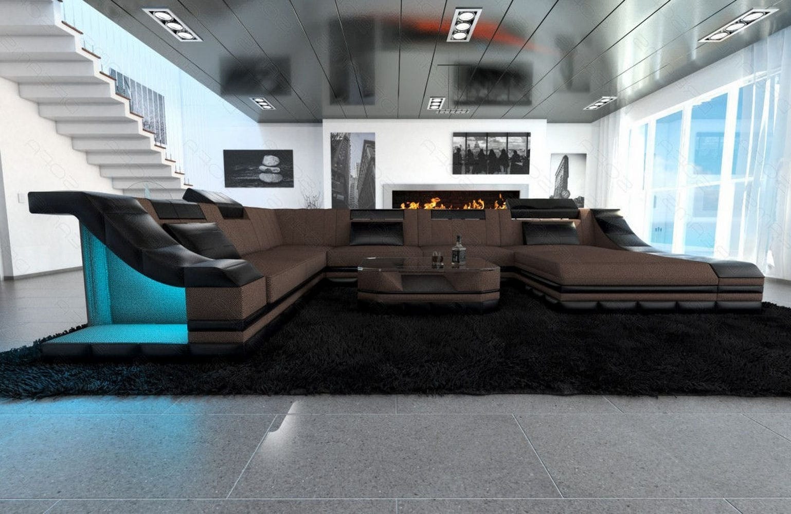Design Stoff-Wohnlandschaft Turino XL – Komfort Braun-Schwarz