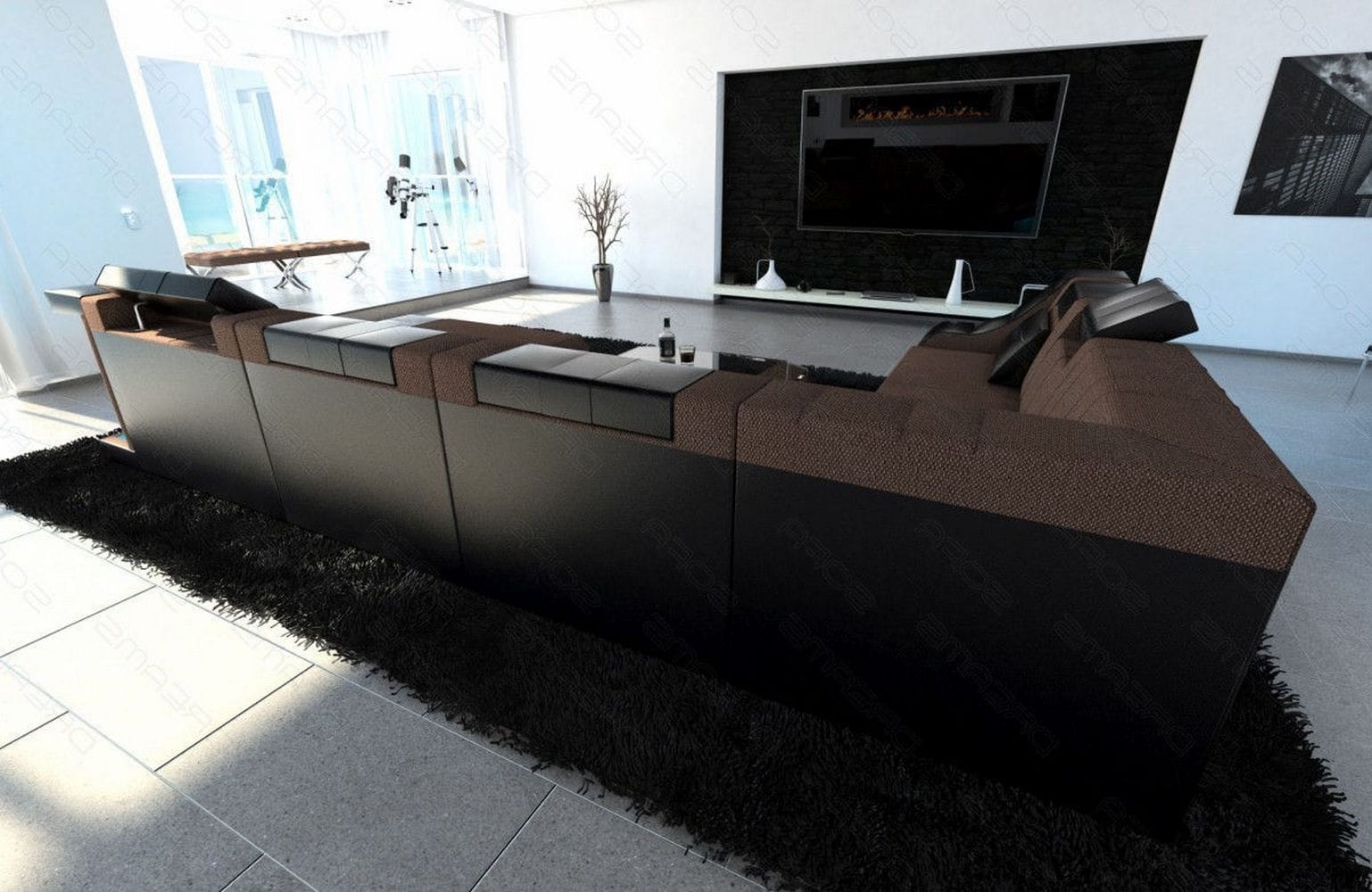 Design Stoff-Wohnlandschaft Turino XL – Komfort Braun-Schwarz