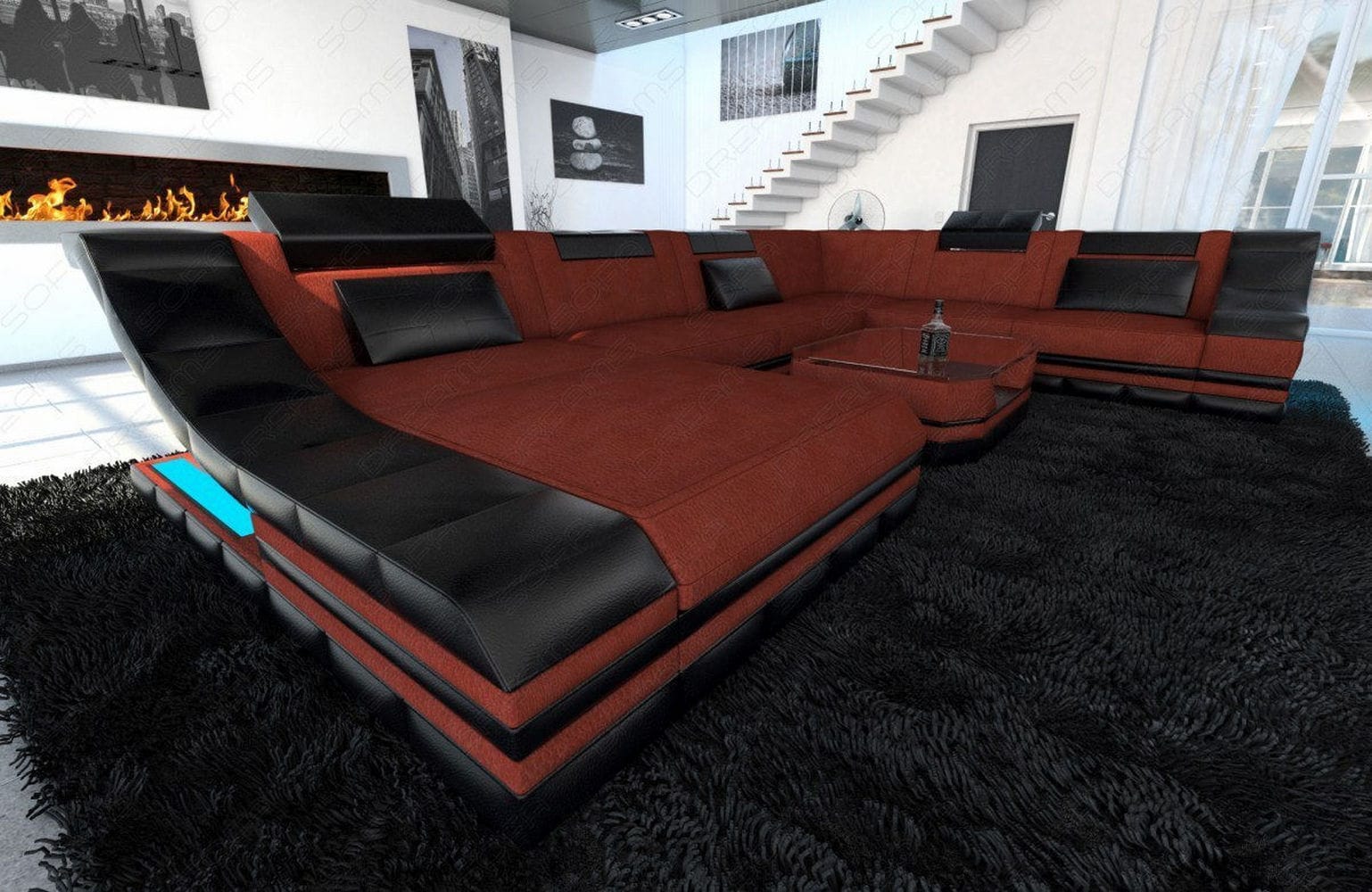Design Stoff-Wohnlandschaft Turino XL – Komfort Dunkelrot-Schwarz