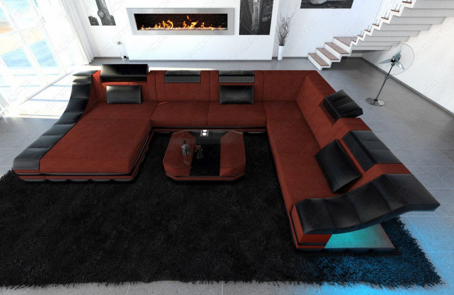 Design Stoff-Wohnlandschaft Turino XL – Komfort Dunkelrot-Schwarz