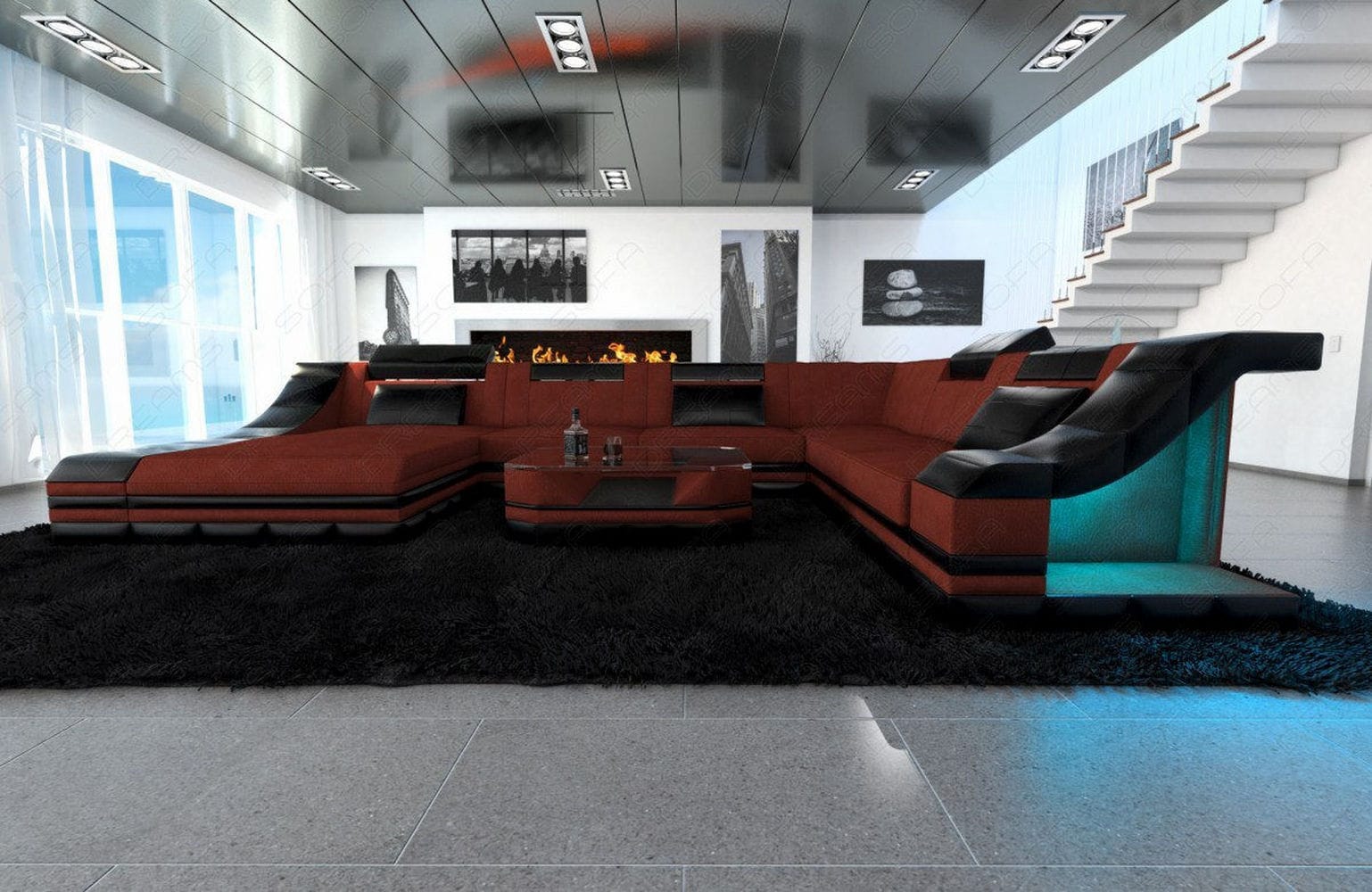 Design Stoff-Wohnlandschaft Turino XL – Komfort Dunkelrot-Schwarz