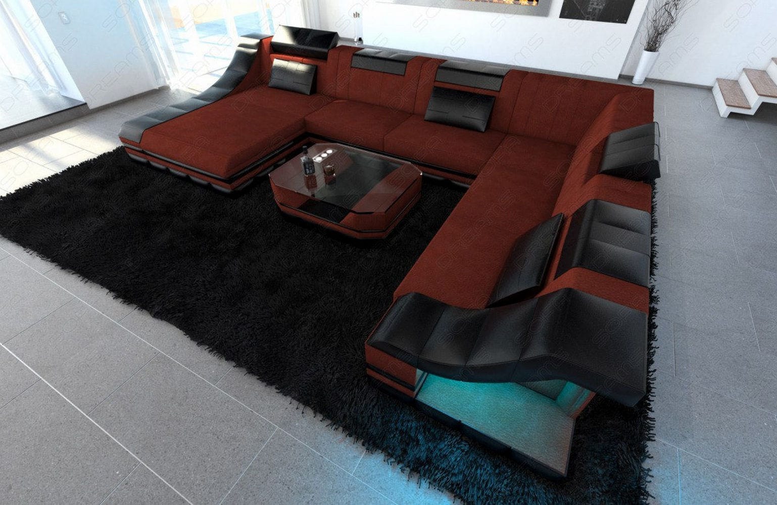 Design Stoff-Wohnlandschaft Turino XL – Komfort Dunkelrot-Schwarz