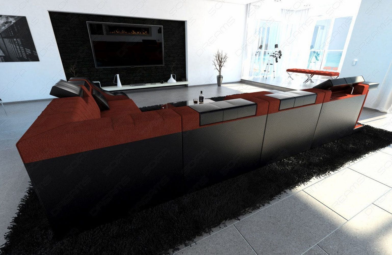 Design Stoff-Wohnlandschaft Turino XL – Komfort Dunkelrot-Schwarz