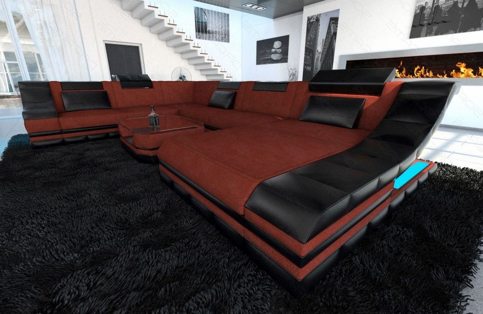 Design Stoff-Wohnlandschaft Turino XL – Komfort Dunkelrot-Schwarz