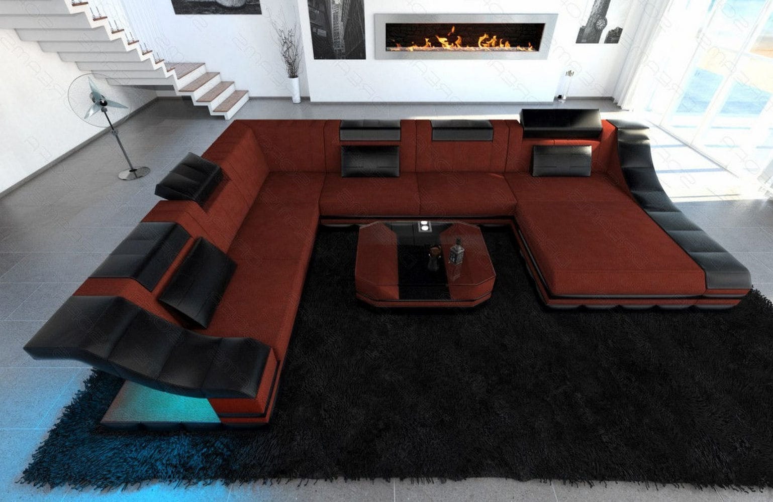 Design Stoff-Wohnlandschaft Turino XL – Komfort Dunkelrot-Schwarz
