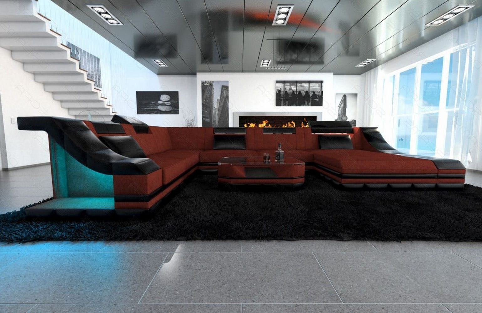 Design Stoff-Wohnlandschaft Turino XL – Komfort Dunkelrot-Schwarz