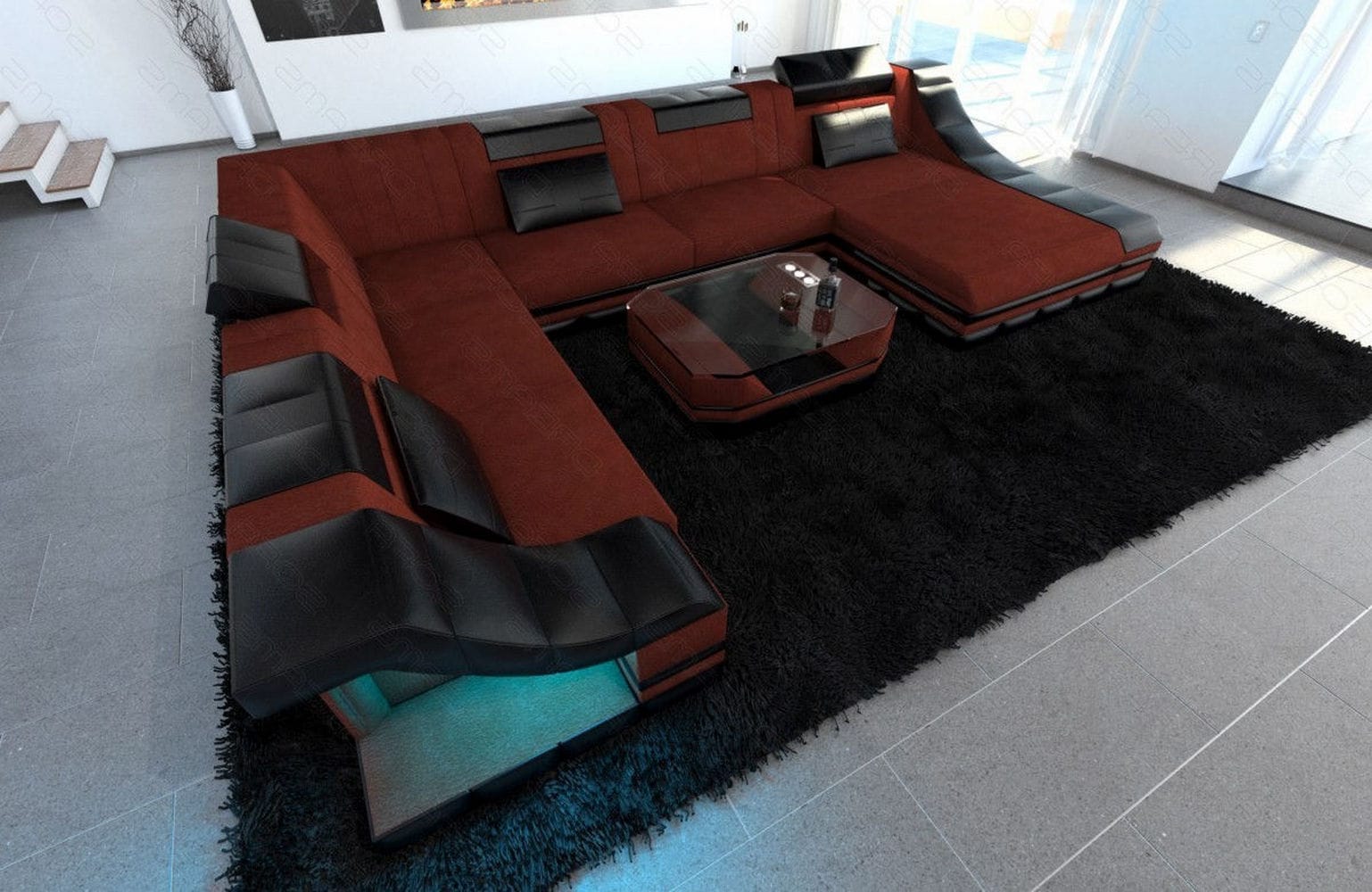Design Stoff-Wohnlandschaft Turino XL – Komfort Dunkelrot-Schwarz