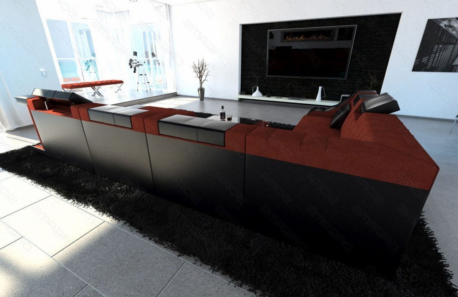 Design Stoff-Wohnlandschaft Turino XL – Komfort Dunkelrot-Schwarz