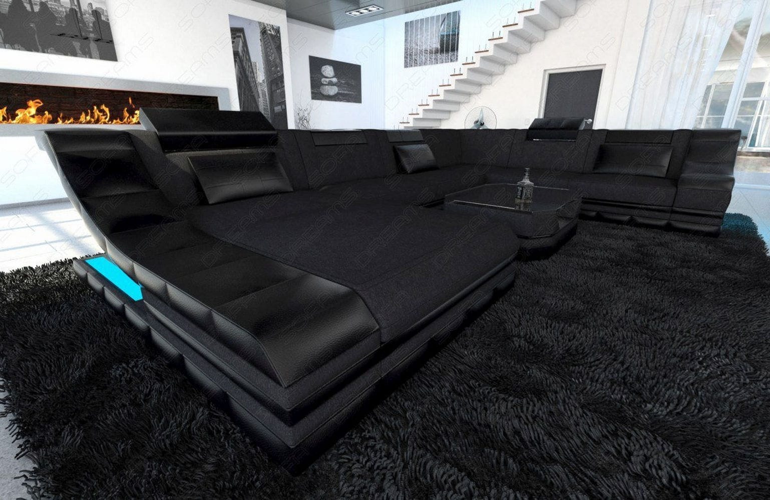Design Stoff-Wohnlandschaft Turino XL – Komfort Schwarz-Schwarz
