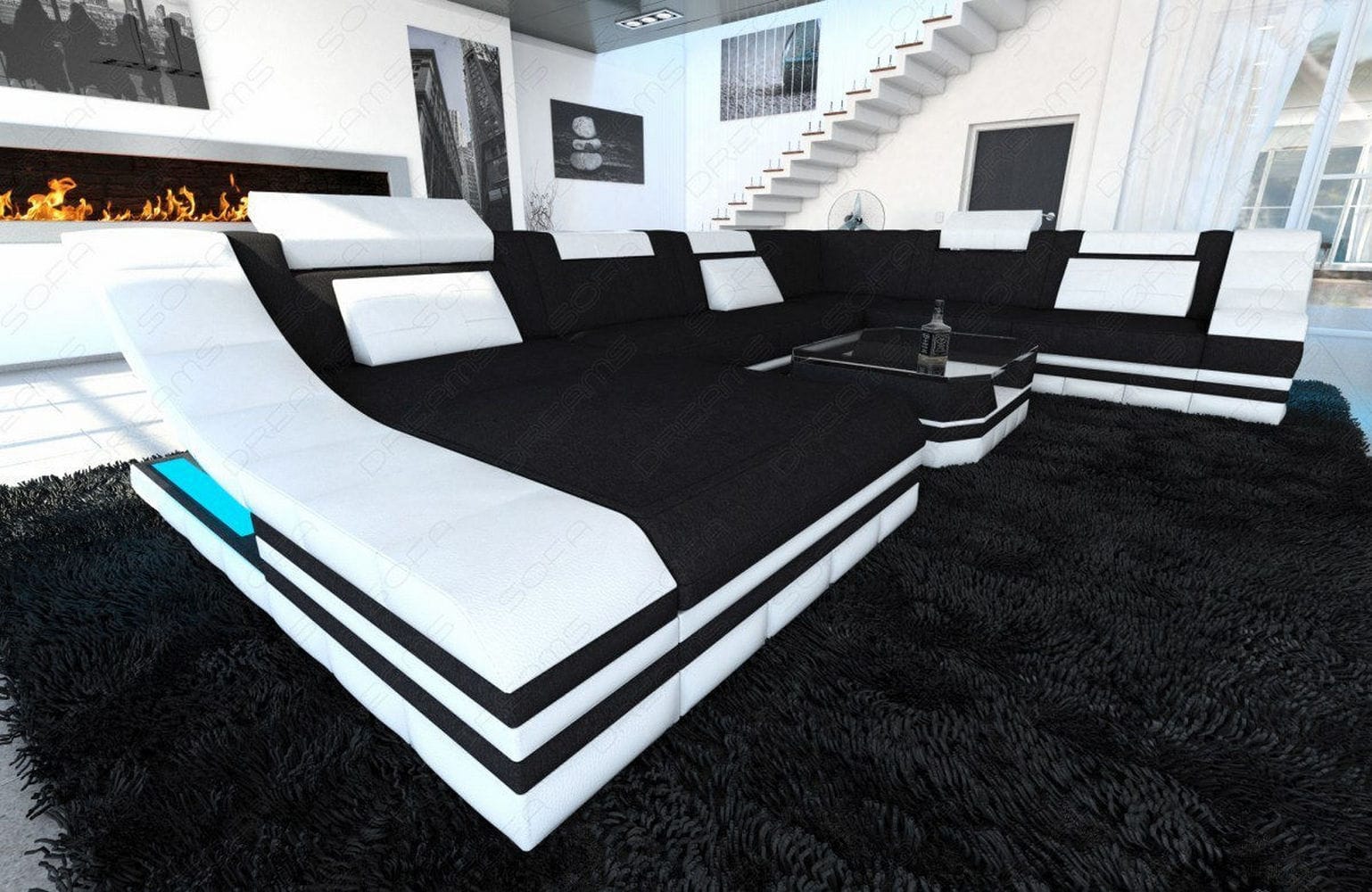 Design Stoff-Wohnlandschaft Turino XL – Komfort Schwarz-Weiß